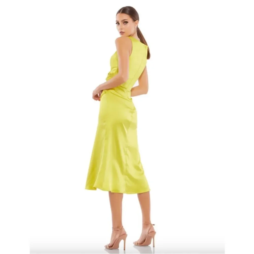 MAC DUGGAL Chartreuse Satin Faux Wrap Dress size 8 NWT